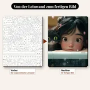 Malen nach Zahlen Mädchen und schwarzes Kätzchen in der Badewanne – vorher und nachher: vorgezeichnete Leinwand und fertiges Gemälde