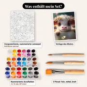 Malen nach Zahlen Baby-Kuh in einer Tasse mit Blumenkranz – Set-Inhalt: vorgezeichnete Leinwand, Farben, Pinsel