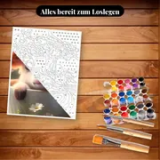 Malen nach Zahlen Baby-Kuh in einer Tasse mit Blumenkranz – Set bereit zum Loslegen auf dem Tisch