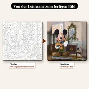 Malen nach Zahlen Micky Maus vor dem Kamin – vorher und nachher: vorgezeichnete Leinwand und fertiges Gemälde