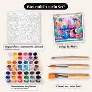 Malen nach Zahlen Lilo &amp; Stitch: Stitch und Angel mit Hibiskusblüten – Set-Inhalt: vorgezeichnete Leinwand, Farben, Pinsel