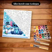 Malen nach Zahlen Stitch im Schnee mit Schneemann – Set bereit zum Loslegen auf dem Tisch