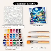 Malen nach Zahlen Stitch im Schlafanzug vor dem Meer – Set-Inhalt: vorgezeichnete Leinwand, Farben, Pinsel