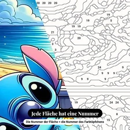 Malen nach Zahlen Stitch im Schlafanzug vor dem Meer – nummerierte Leinwand zum Malen