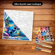 Malen nach Zahlen Stitch im Schlafanzug vor dem Meer – Set bereit zum Loslegen auf dem Tisch