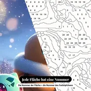Malen nach Zahlen Pokémon Starter im Schnee – Nahaufnahme der nummerierten Leinwand