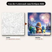 Malen nach Zahlen Pokémon Starter im Schnee – vorher und nachher: vorgezeichnete Leinwand und fertiges Gemälde