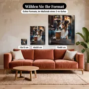 Malen nach Zahlen Australian Shepherd vor einem Glas Bier – verfügbare Formate im Größenvergleich zu einem Sofa