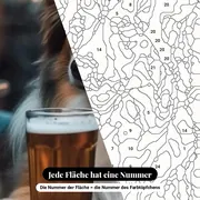 Malen nach Zahlen Australian Shepherd vor einem Glas Bier – Nahaufnahme der nummerierten Leinwand