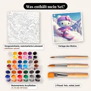 Malen nach Zahlen Hello Kitty Snowboard mit violetter Mütze – Set-Inhalt: vorgezeichnete Leinwand, Farben, Pinsel