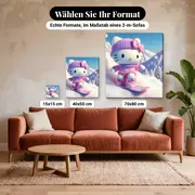 Malen nach Zahlen Hello Kitty Snowboard mit violetter Mütze – verfügbare Formate im Größenvergleich zu einem Sofa