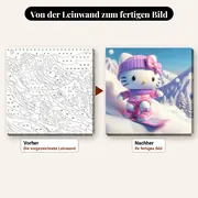 Malen nach Zahlen Hello Kitty Snowboard mit violetter Mütze – vorher und nachher: vorgezeichnete Leinwand und fertiges Gemälde