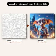 Malen nach Zahlen Dobby und seine Socke vor Hogwarts – vorher und nachher: vorgezeichnete Leinwand und fertiges Gemälde