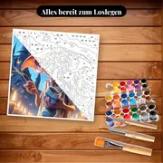 Malen nach Zahlen Dobby und seine Socke vor Hogwarts – Set bereit zum Loslegen auf dem Tisch