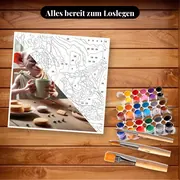Malen nach Zahlen Dobby und der Gnom beim Vesper – Set bereit zum Loslegen auf dem Tisch