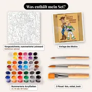 Malen nach Zahlen Woody und Buzz Lightyear Retro-Poster – Set-Inhalt: vorgezeichnete Leinwand, Farben, Pinsel
