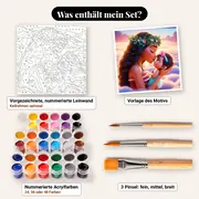 Malen nach Zahlen Prinzessin Vaiana mit Baby im Sonnenuntergang – Set-Inhalt: vorgezeichnete Leinwand, Farben, Pinsel
