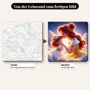Malen nach Zahlen Prinzessin Belle und ihre Tochter in den Wolken – vorher und nachher: vorgezeichnete Leinwand und fertiges Gemälde