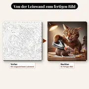 Malen nach Zahlen Katze, die eine Maus bügelt – vorher und nachher: vorgezeichnete Leinwand und fertiges Gemälde