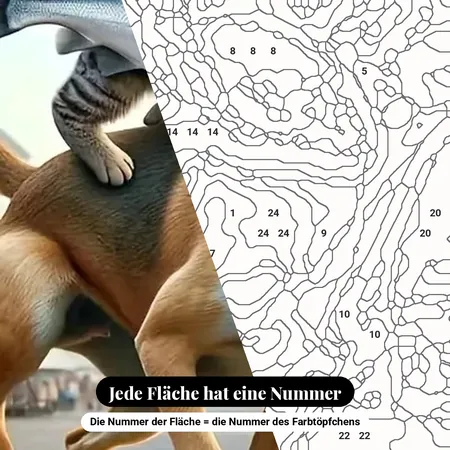 Malen nach Zahlen Katze auf dem Rücken eines Hundes auf dem Markt – nummerierte Leinwand zum Malen