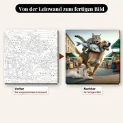 Malen nach Zahlen Katze auf dem Rücken eines Hundes auf dem Markt – vorher und nachher: vorgezeichnete Leinwand und fertiges Gemälde