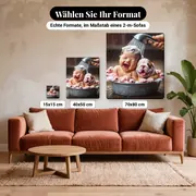 Malen nach Zahlen Baby und Bulldoggenwelpe in der Zinkwanne – verfügbare Formate im Größenvergleich zu einem Sofa