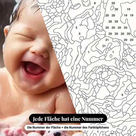 Malen nach Zahlen Baby und Bulldoggenwelpe in der Zinkwanne – nummerierte Leinwand zum Malen