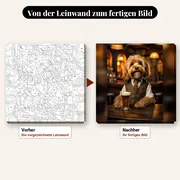 Malen nach Zahlen Hund im Anzug an der Theke – vorher und nachher: vorgezeichnete Leinwand und fertiges Gemälde