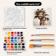 Malen nach Zahlen lustige Giraffe und kleines Mädchen – Set-Inhalt: vorgezeichnete Leinwand, Farben, Pinsel