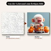 Malen nach Zahlen Affenbaby in einem orangefarbenen Auto – vorher und nachher: vorgezeichnete Leinwand und fertiges Gemälde