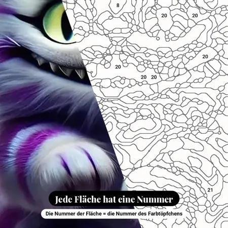 Malen nach Zahlen lächelnde violette Grinsekatze – nummerierte Leinwand zum Malen