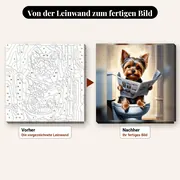 Malen nach Zahlen Yorkshire Terrier auf der Toilette – vorher und nachher: vorgezeichnete Leinwand und fertiges Gemälde