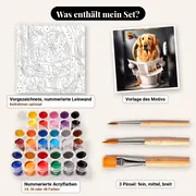 Malen nach Zahlen Golden Retriever auf der Toilette – Set-Inhalt: vorgezeichnete Leinwand, Farben, Pinsel