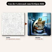 Malen nach Zahlen Schildkröte auf der Toilette liest Zeitung – vorher und nachher: vorgezeichnete Leinwand und fertiges Gemälde