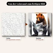 Malen nach Zahlen Braunbär auf der Toilette liest Zeitung – vorher und nachher: vorgezeichnete Leinwand und fertiges Gemälde