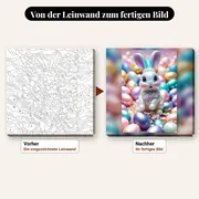 Malen nach Zahlen Osterhase mit pastellblauen Eiern – vorher und nachher: vorgezeichnete Leinwand und fertiges Gemälde