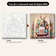 Malen nach Zahlen Osterhase im rosa Lieferwagen – vorher und nachher: vorgezeichnete Leinwand und fertiges Gemälde