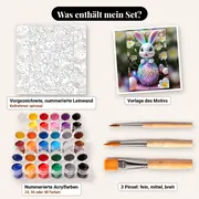 Malen nach Zahlen Osterhase mit Ei und Gänseblümchen – Set-Inhalt: vorgezeichnete Leinwand, Farben, Pinsel