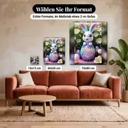 Malen nach Zahlen Osterhase mit Ei und Gänseblümchen – verfügbare Formate im Größenvergleich zu einem Sofa