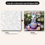 Malen nach Zahlen Osterhase mit Ei und Gänseblümchen – vorher und nachher: vorgezeichnete Leinwand und fertiges Gemälde