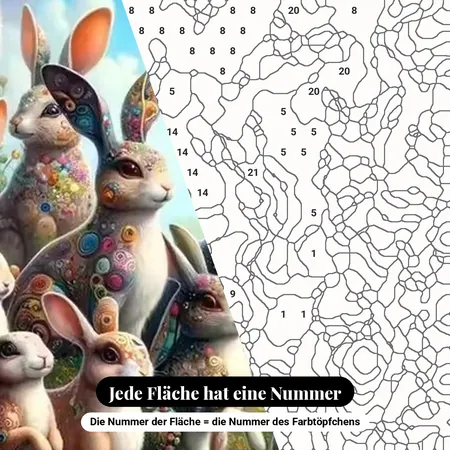 Malen nach Zahlen Hasen und Regenbogen auf einer Wiese – nummerierte Leinwand zum Malen