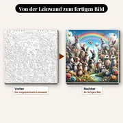 Malen nach Zahlen Hasen und Regenbogen auf einer Wiese – vorher und nachher: vorgezeichnete Leinwand und fertiges Gemälde