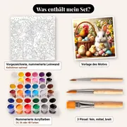 Malen nach Zahlen Osterhase, Hahn und Küken – Set-Inhalt: vorgezeichnete Leinwand, Farben, Pinsel