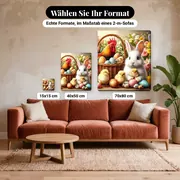 Malen nach Zahlen Osterhase, Hahn und Küken – verfügbare Formate im Größenvergleich zu einem Sofa