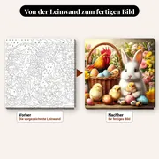 Malen nach Zahlen Osterhase, Hahn und Küken – vorher und nachher: vorgezeichnete Leinwand und fertiges Gemälde