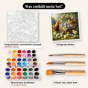 Malen nach Zahlen Hühner: Henne, Hahn und Küken im Korb – Set-Inhalt: vorgezeichnete Leinwand, Farben, Pinsel