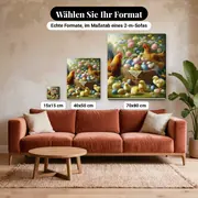 Malen nach Zahlen Hühner: Henne, Hahn und Küken im Korb – verfügbare Formate im Größenvergleich zu einem Sofa
