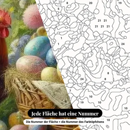 Malen nach Zahlen Hühner: Henne, Hahn und Küken im Korb – nummerierte Leinwand zum Malen