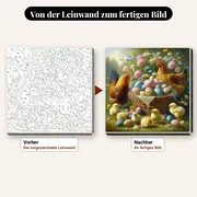 Malen nach Zahlen Hühner: Henne, Hahn und Küken im Korb – vorher und nachher: vorgezeichnete Leinwand und fertiges Gemälde
