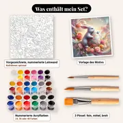 Malen nach Zahlen weißer Hase, Osterei und Blumen – Set-Inhalt: vorgezeichnete Leinwand, Farben, Pinsel